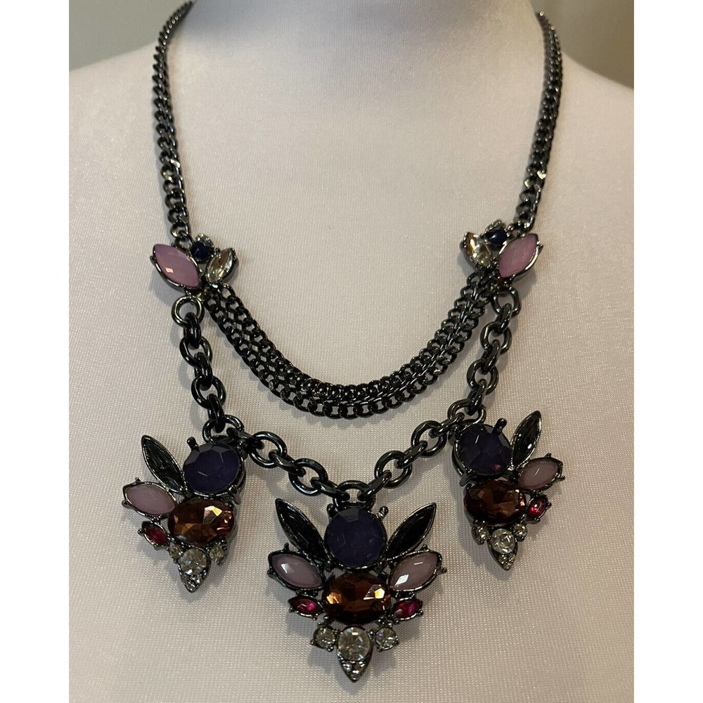 Statement Necklace Flowers Sparkle Pink Chain 23 inches gun metal costume